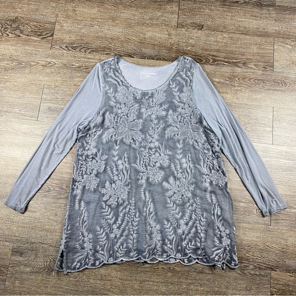 Soft Surroundings Tunic Top Women XL Gray Floral Embroidered Layer Silk Viscose - Picture 1 of 9